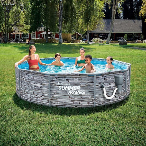 Summer Waves 12 ft. Round Stone Ground Slate Pool - EZP10 Active P2W01233A + Depot The Above Print Metal Frame Home Set