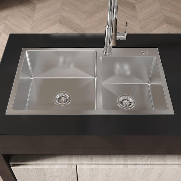 32 in. Drop-In Double Bowl (60/40) 20-Gauge Gray Stainless Steel Kitchen Sink with Drain