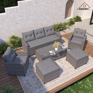 6-Piece Wicker PE Rattan Patio Conversation Sectional Set Garden Seating Furniture, Light Gray Cushions
