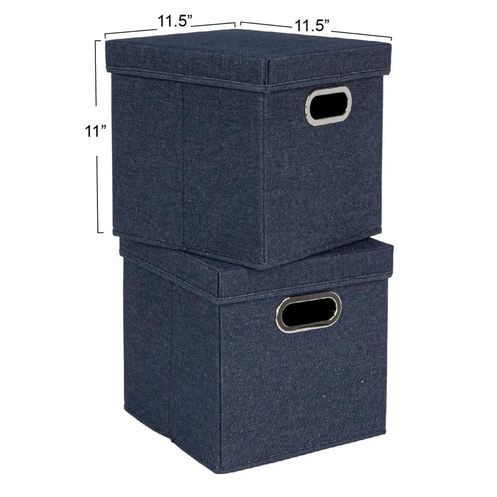 Denim Blue Cotton Blend Collapsible Cube Storage Box with Metal Handles