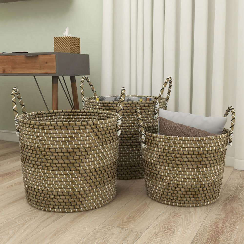 Beige and Black Seagrass Round Storage Baskets, Set of 3