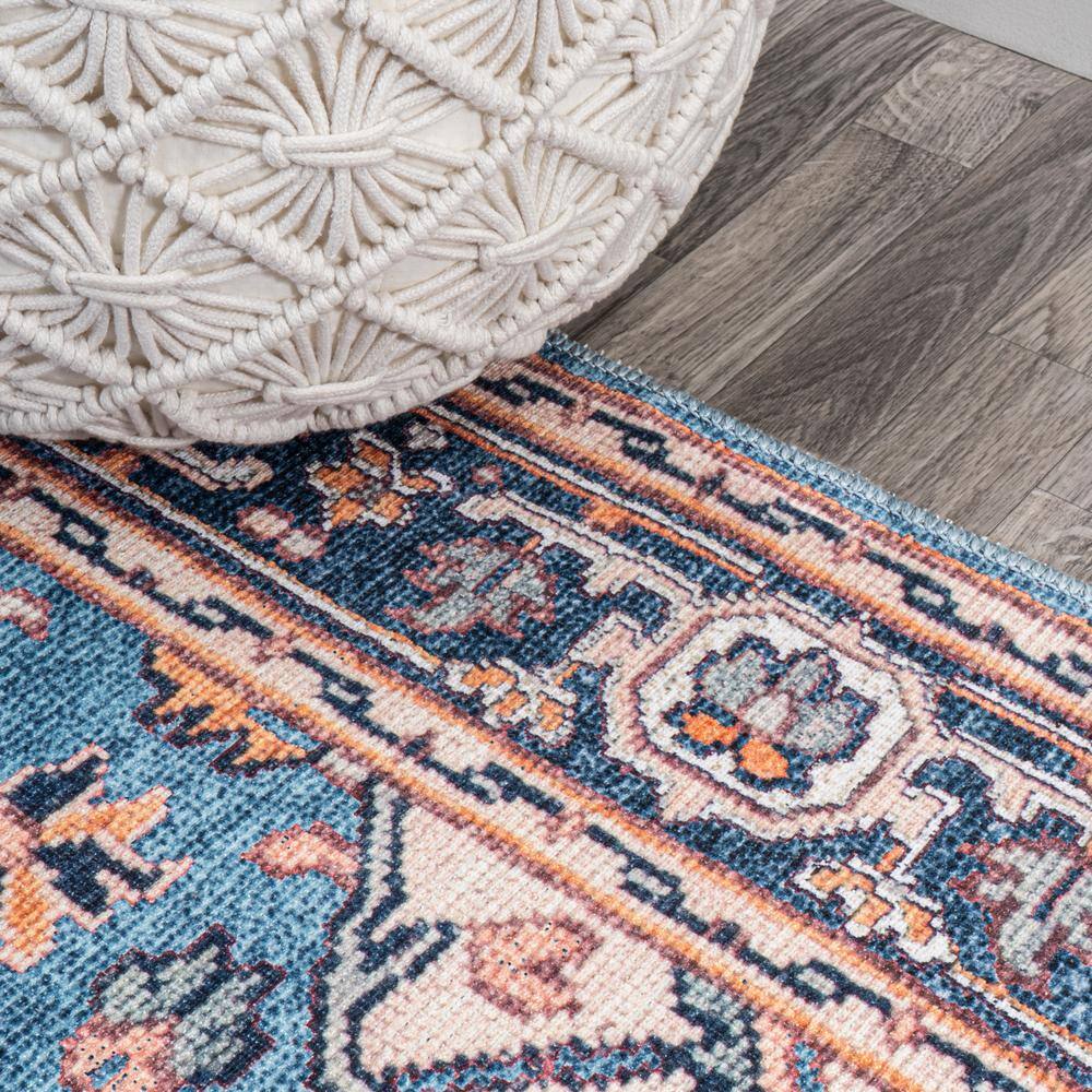 Cirali Blue and Beige Medallion Washable Area Rug