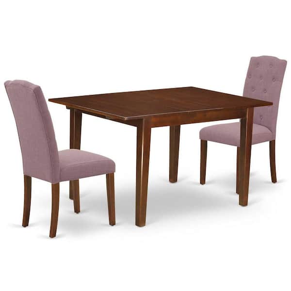 East West Furniture 3-Piece Mahogany Finish Rectangular Solid Wood Top with Butterfly Leaf Dining Table Set