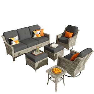 Leila 6-Piece Wicker Patio Conversation Seating Sofa Set with Black Cushions and Swivel Rocking Chairs