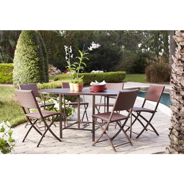 null Delray Transitional 7- Piece Steel Brown & Red Woven Wicker Compact Folding Patio Dining Set