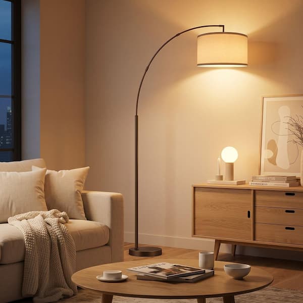 81 in. Black Modern Arc LED Floor Lamp Large Adjustable Hanging Linen Drum Shade Dimmable for Living Room Bedroom