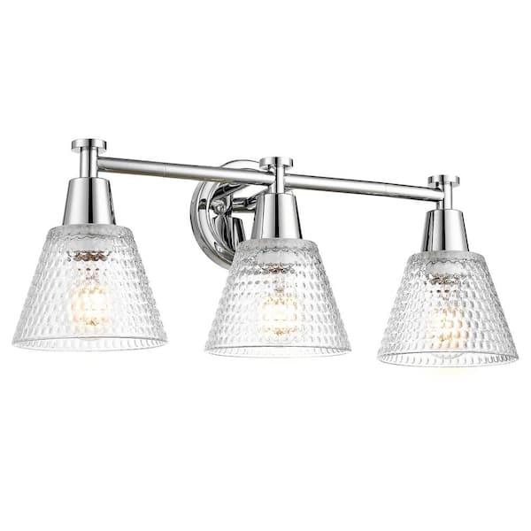 JAZAVA 21.6 in. 3-Light Chrome Vanity Light with Hammered Glass Shade