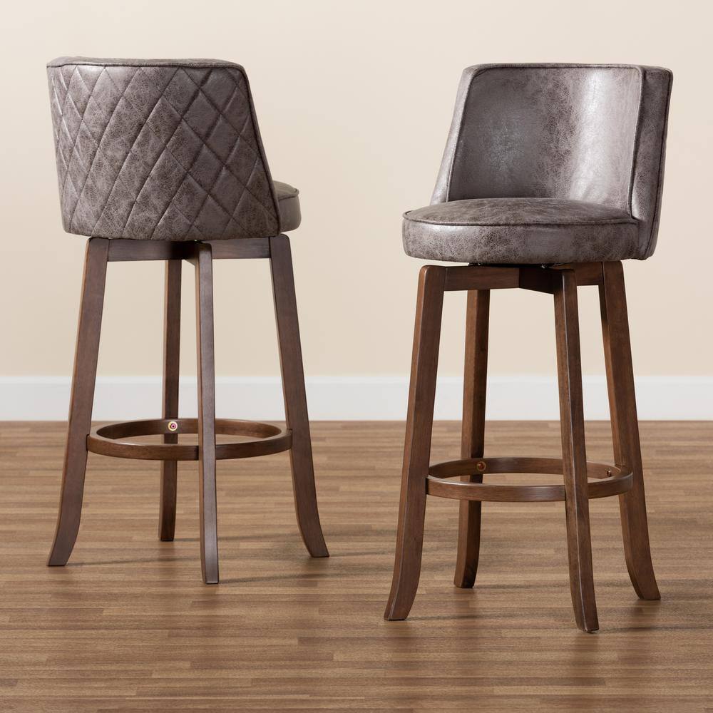 Adams Walnut Brown Swivel Bar Stools with Grey Upholstery, Set of 2