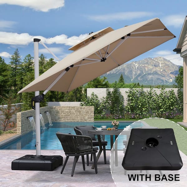 9 ft. Square High-Quality Aluminum Cantilever Polyester Outdoor Patio Umbrella with Stand, Beige
