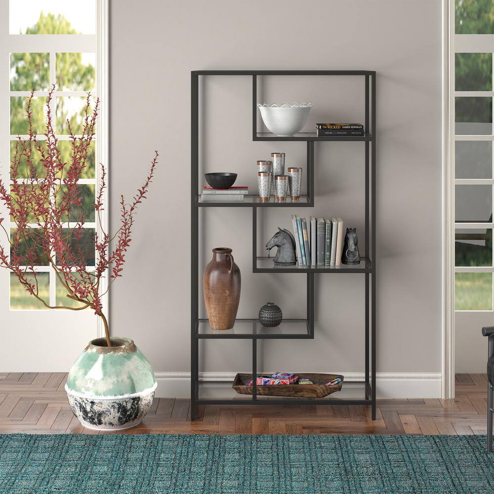 Isla 68" Blackened Bronze Modern Bookcase with Tempered Glass Shelves