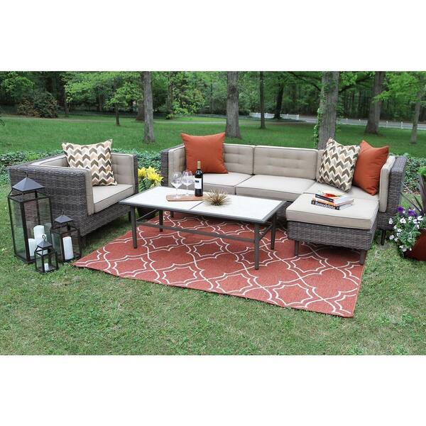 AE Outdoor Cooper 5-Piece All-Weather Wicker Patio Deep Seating Set with Sunbrella Tan Cushions