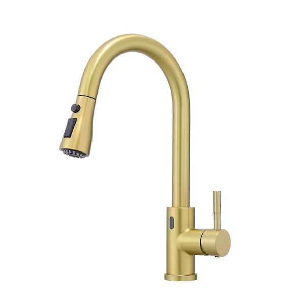 Touchless Single Handle 14.5 in. Pull Down Sprayer Kitchen Faucet, Sensor 360° Spout Swivel Faucet in Brushed Gold