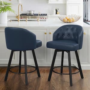 26 in. Navy Blue Faux Leather Metal Frame Upholstered Swivel Bar Stools With Bright Silver Rivets (Set of 2)