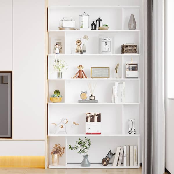 FUFU&GAGA White 81.9 in. H Wooden Storage Cabinet, Bookcase, Wine Cabinet with 12-Shelves for Living Room Book Storage and Plants