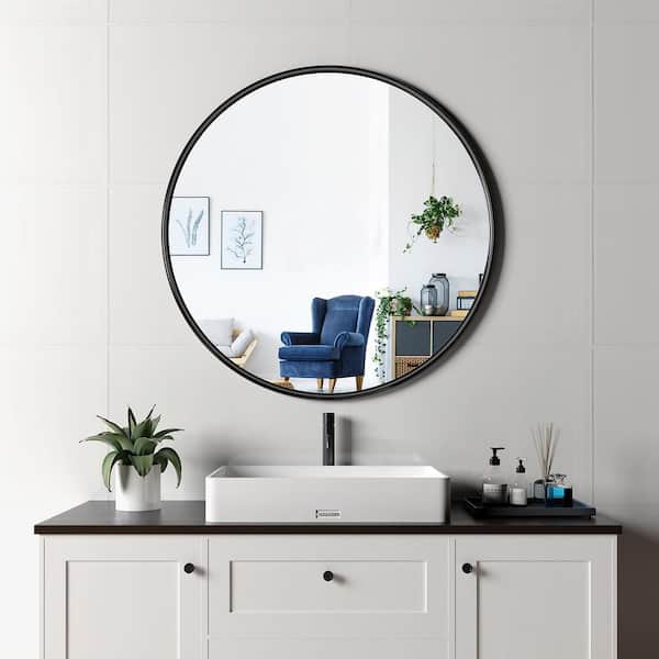 Cesicia 36 in. W x 36 in. H Round Framed Wall Mount Bathroom Vanity Mirror in Black