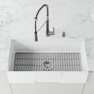 Matte Stone White Composite 36 in. Single Bowl Farmhouse Apron-Front Kitchen Sink with Strainer and Silicone Grid