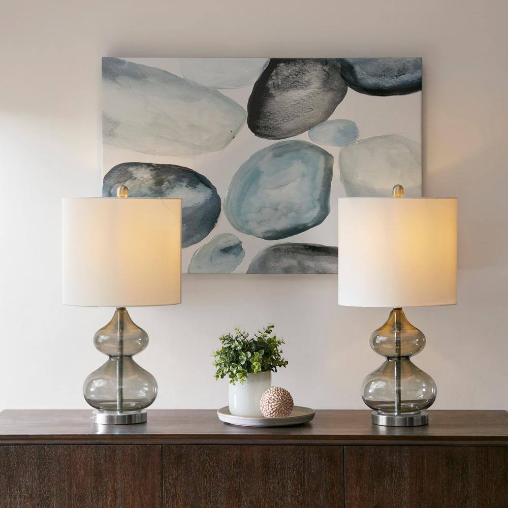 Gray Glass Table Lamp Set with White Drum Shade