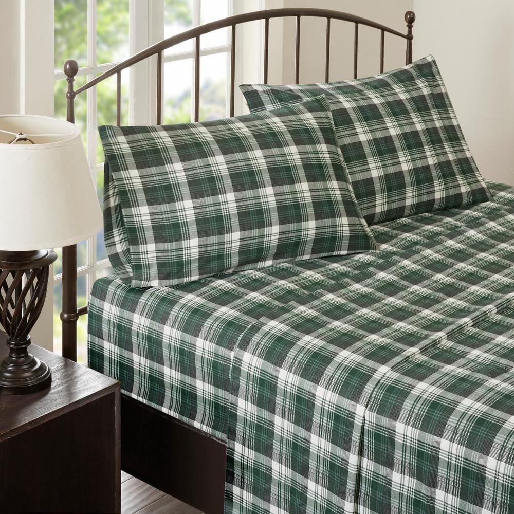 Green Plaid Queen Cotton Flannel Sheet Set