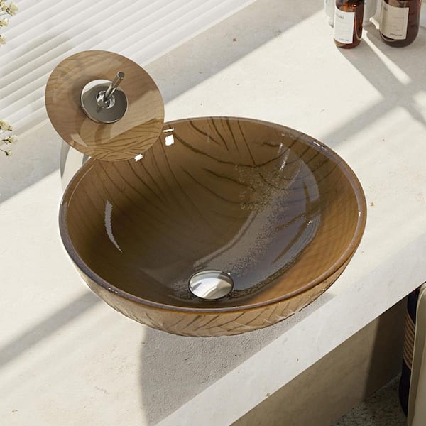 Rene Glass Vessel Sink in Tawny with Waterfall Faucet and Pop-Up Drain in Chrome