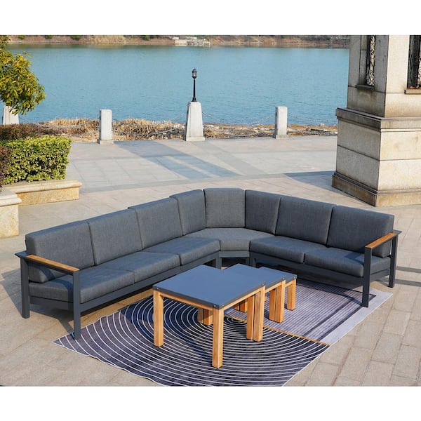 DIRECT WICKER Aliya 7-Piece Aluminum Patio Conversation Set Nesting Table With Gray Cushions (Set of 3