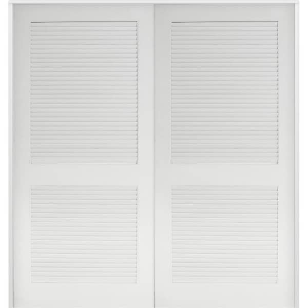 72 in. x 80 in. Hybrid Core Primed MDF Composite Louvered Double Prehung Universal Interior French Door with Ball Catch