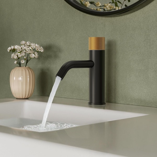 7 in. Height Modern 1-Handle Single Hole Bathroom Faucet with Anti-Slip Handle in 2-Tone Matte Black and Brushed Gold