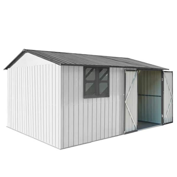 Unbranded 10 ft. W x 12 ft. D Outdoor Metal Garden Storage Shed Double Door with Window for Garden Coverage 120 sq. ft. White+Grey
