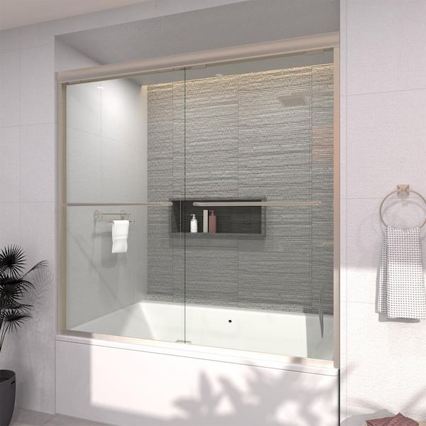 tydex Ripple 60 in. W x 56 in. H Sliding Semi Frameless Tub Door in Brushed Nickel Finish with Clear Glass