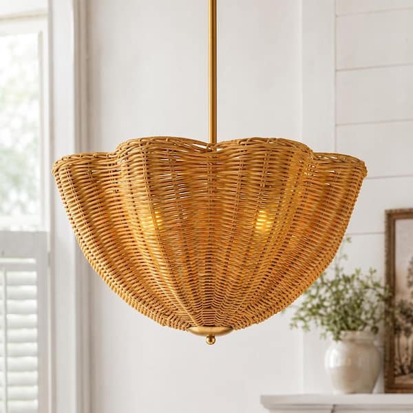 19.7 in. 2-Light Boho Coastal Brass Finish Natural Woven Rattan Dome Shade Pendant Light for Kitchen Island Living Room