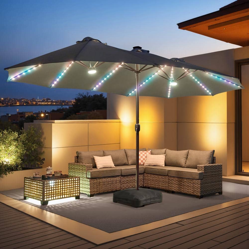 15 ft. × 9 ft. Metal Solar LED Lights Double-sided Market Patio Umbrella with Base and Crank in Light Gray price history on PriceWatchPro