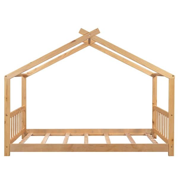 STICKON 81.2 in. W Natural Twin Size Wood Platform Bed with House