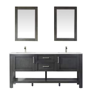 Grayson 72 in. Bath Vanity in Black with Manufactured Stone Vanity Top in White with White Basins and Mirror