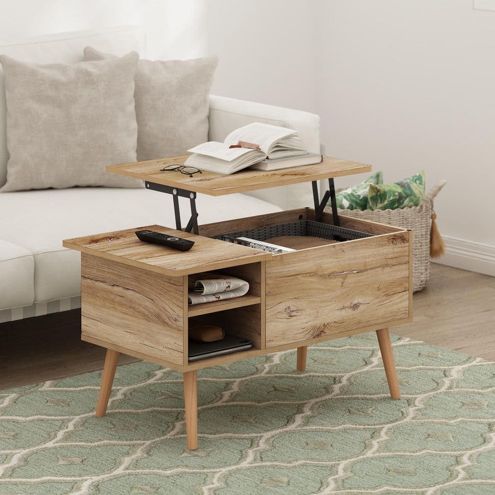 Flagstaff Oak Lift-Top Coffee Table with Hidden Storage and Shelves