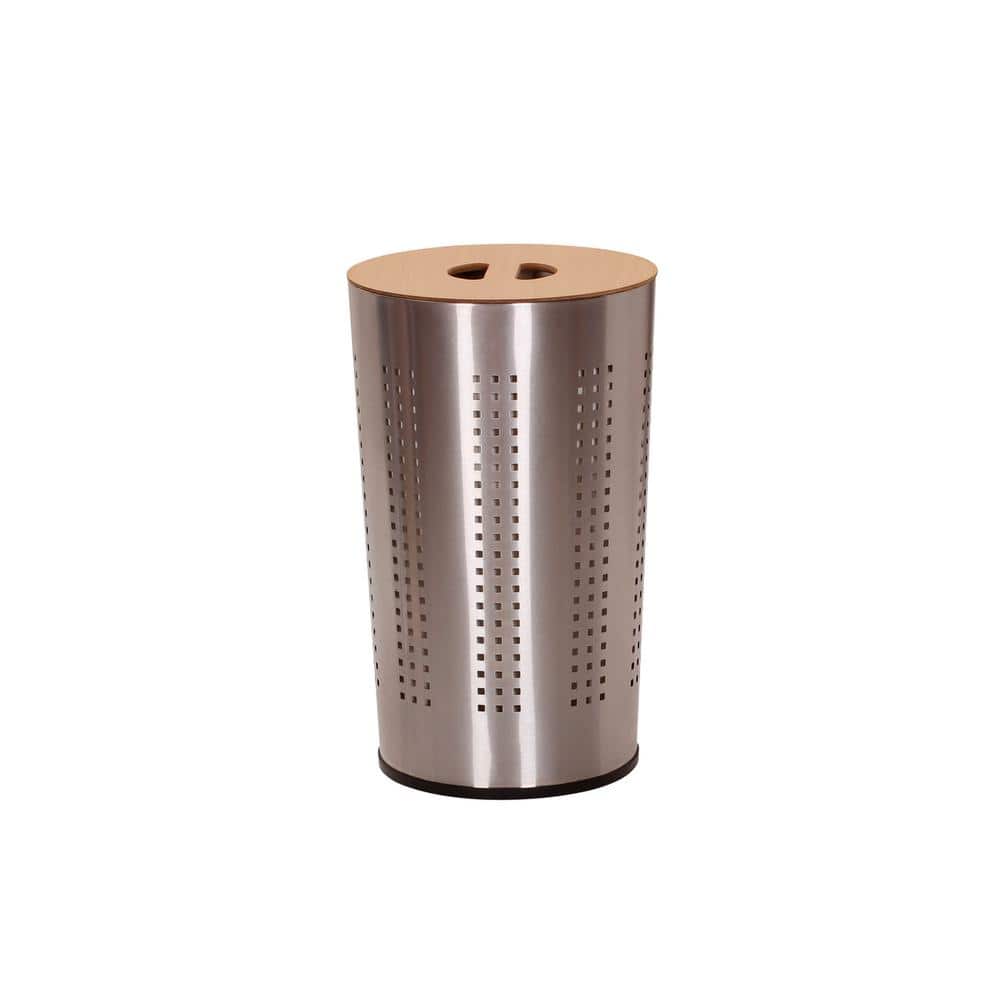 Round Silver Stainless Steel Laundry Hamper with Wooden Lid