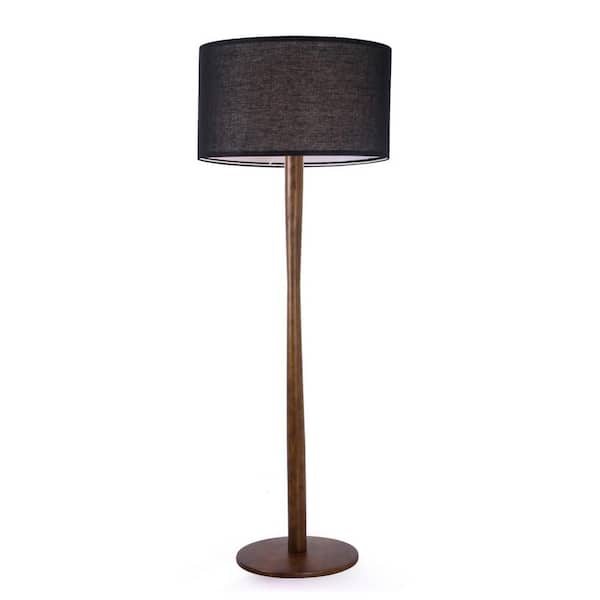 bessten 61 in. Walnut Black 1-Light Standard Floor Lamp with Solid wood Body and Black Fabric Drum Shade