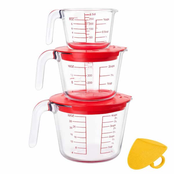 6 Piece Glass Measuring Cup Set with Lids, Nesting Kitchen Liquid Measuring Cups with Strainer and Easy Pour