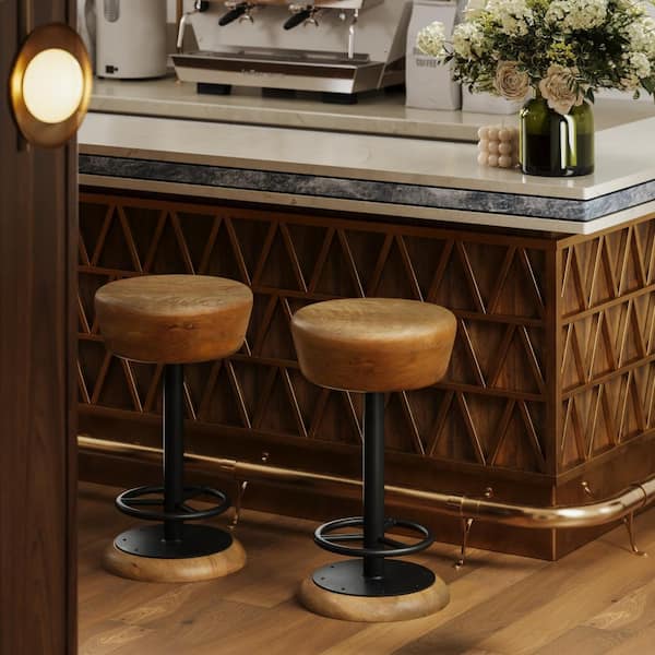 24 in. Brown and Black Backless Metal Frame Swivel Counter Bar Stool with Wooden Seat