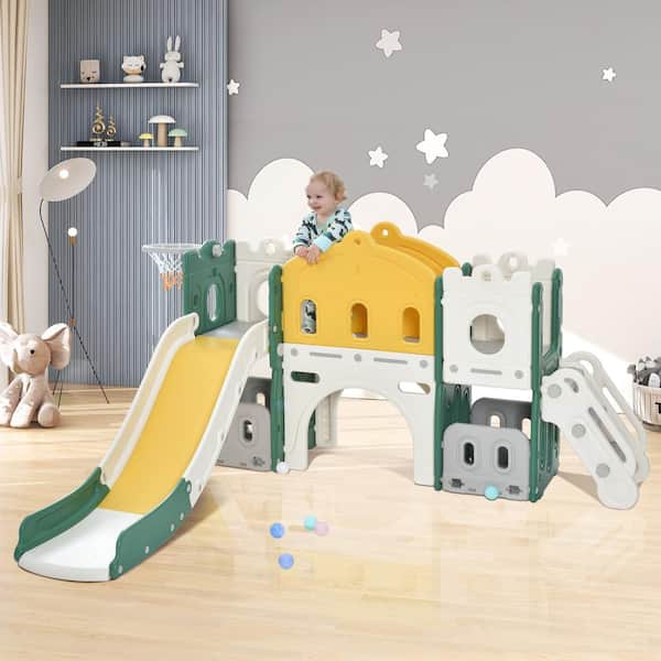Bon Furni Green Indoor/Outdoor Kids Climbers Playhouse with Slide and Basketball Hoop