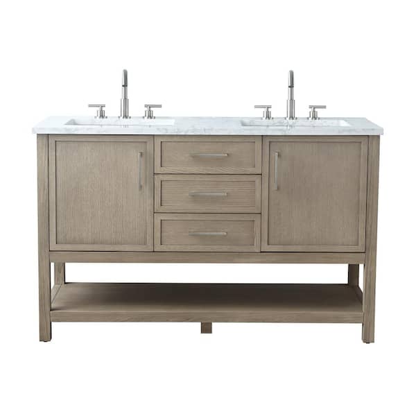 Oliver 54 in. W Bath Vanity in Vintage Gray with Engineered Stone Top in Arabescato with White Sinks