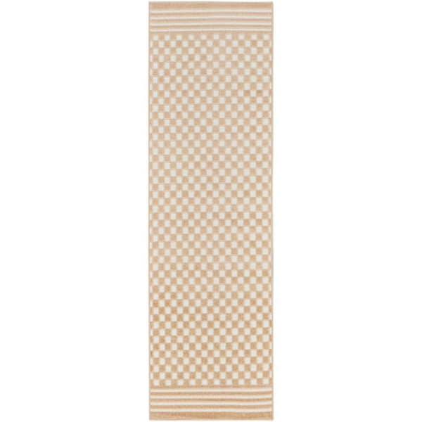 Nourison Casual Taupe 2 ft. x 6 ft. Checker Contemporary Runner Area Rug