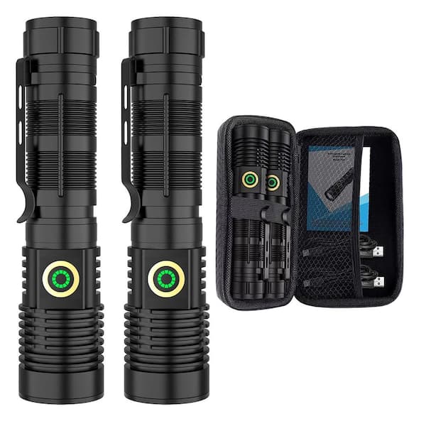 IPX6 Black 3.7 Volt 12000 Lumen LED Rechargeable Flashlight Handheld Worklight Battery Operated 5.8 in. Tool Only 2-Pack