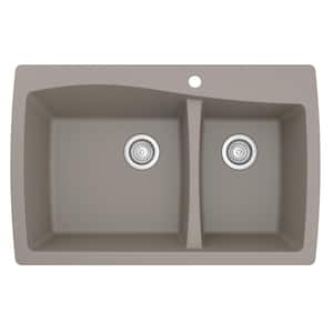 Drop-In Quartz Composite 34 in. 1-Hole 60/40 Double Bowl Kitchen Sink in Concrete
