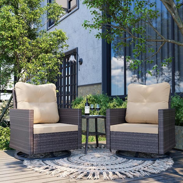 UPHA 3-Piece Brown Wicker Outdoor Rocking Chair Swivel Chair and Side Table with Cushions