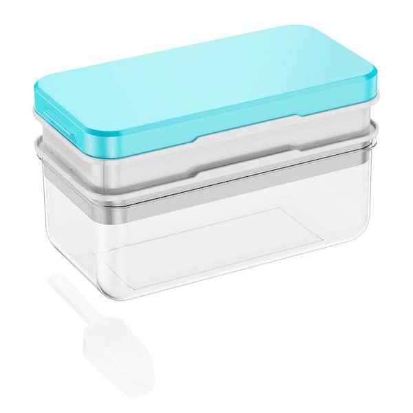 Blue Rectangular Ice Cube Mold, Kitchen Ice Tray with Lid, Bin and 2 Trays, Easy Release, BPA Free