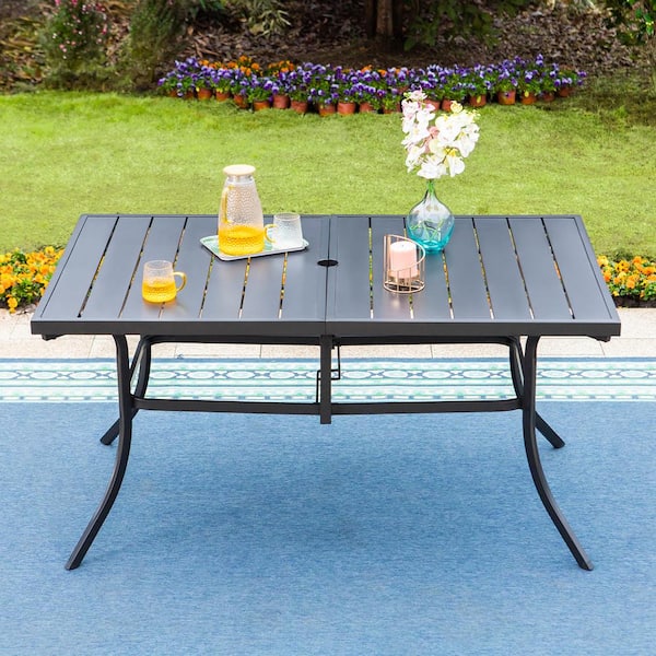 Rectangle Metal 1.57 in. Patio Outdoor Dining Table with Umbrella Hole