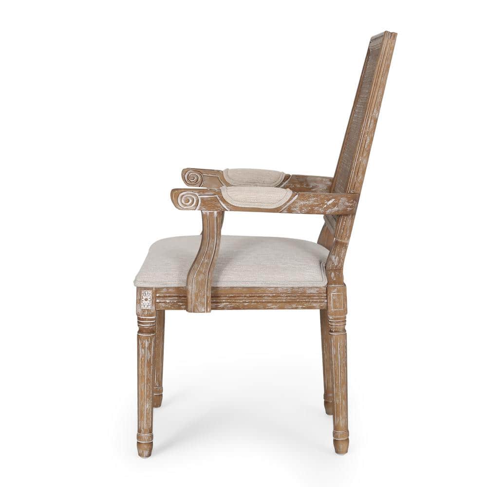 Beige Upholstered Wood and Cane Arm Chair Set