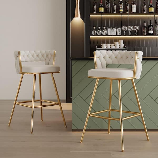 34.25 in. Braided Bar Stools Set Counter Height Kitchen Island Stools w/ Back Support, White Metal Bar Chairs (Set of 4)