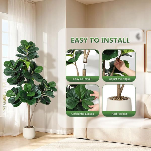 Unbranded 6 ft. Artificial Fiddle Leaf Fig Tree w/ 108 Leaves,in White  Planter Pot, Indoor Fake Floor Plants for Home Office Decor  HDxsqPHK_359KHELJ