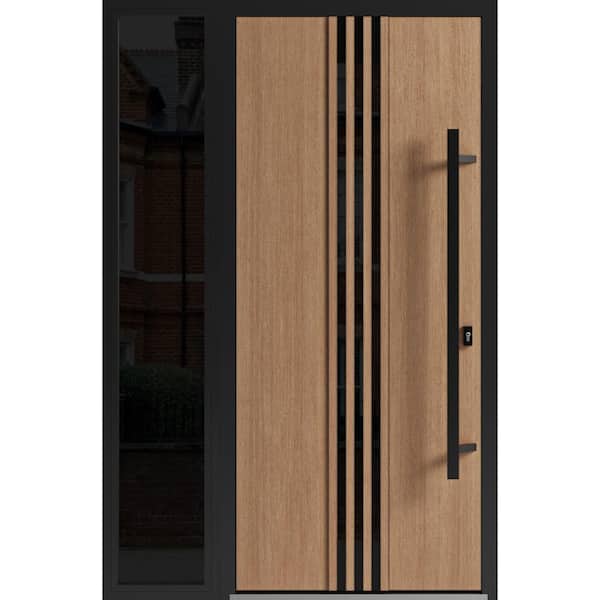 VDOMDOORS 1055 48 in. x 80 in. Left-hand/Inswing Sidelight Tinted Glass Teak Steel Prehung Front Door with Hardware