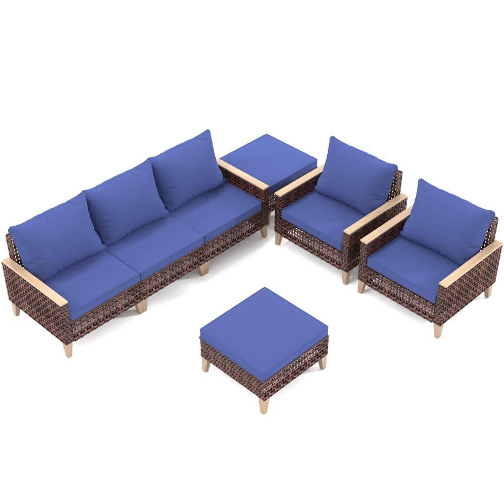 7-Piece Brown Wicker Rattan Outdoor Patio Sectional Set Sofa Set with Ottom